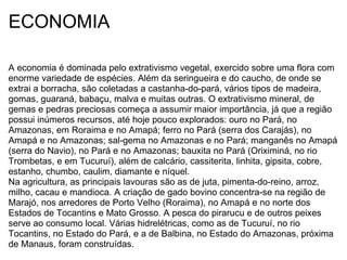 ECONOMIA A economia é dominada pelo extrativismo vegetal, exercido sobre uma flora com enorme variedade de espécies. Além da seringueira e do caucho, de onde se extrai a borracha, são coletadas a castanha-do-pará, vários tipos de madeira, gomas, guaraná, babaçu, malva e muitas outras. O extrativismo mineral, de gemas e pedras preciosas começa a assumir maior importância, já que a região possui inúmeros recursos, até hoje pouco explorados: ouro no Pará, no Amazonas, em Roraima e no Amapá; ferro no Pará (serra dos Carajás), no Amapá e no Amazonas; sal-gema no Amazonas e no Pará; manganês no Amapá (serra do Navio), no Pará e no Amazonas; bauxita no Pará (Oriximiná, no rio Trombetas, e em Tucuruí), além de calcário, cassiterita, linhita, gipsita, cobre, estanho, chumbo, caulim, diamante e níquel. Na agricultura, as principais lavouras são as de juta, pimenta-do-reino, arroz, milho, cacau e mandioca. A criação de gado bovino concentra-se na região de Marajó, nos arredores de Porto Velho (Roraima), no Amapá e no norte dos Estados de Tocantins e Mato Grosso. A pesca do pirarucu e de outros peixes serve ao consumo local. Várias hidrelétricas, como as de Tucuruí, no rio Tocantins, no Estado do Pará, e a de Balbina, no Estado do Amazonas, próxima de Manaus, foram construídas. 