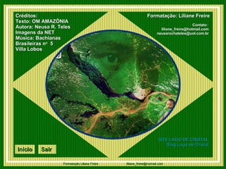 Créditos: Texto: OM AMAZÔNIA Autora: Neusa R. Teles Imagens da NET Música: Bachianas Brasileiras n o   5  Villa Lobos Formatação: Liliane Freire Contato:  [email_address] [email_address] SITE LAGO DE CRISTAL Blog  Lago de Cristal Início Sair 