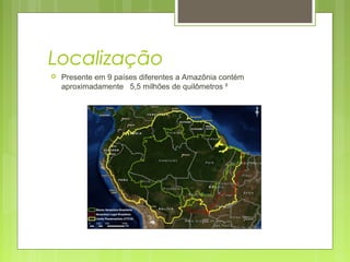 Localização
 Presente em 9 países diferentes a Amazônia contém
aproximadamente 5,5 milhões de quilômetros ²
 
