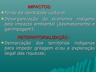 IMPACTOS:IMPACTOS:
 Perda da identidade cultural;Perda da identidade cultural;
 Desorganização da economia indígenaDesorganização da economia indígena
pelo impacto ambiental (desmatamento epelo impacto ambiental (desmatamento e
garimpagem);garimpagem);
RETERRITORIALIZAÇÃO :RETERRITORIALIZAÇÃO :
 Demarcação dos territórios indígenasDemarcação dos territórios indígenas
para impedir grilagem e/ou a exploraçãopara impedir grilagem e/ou a exploração
ilegal das riquezas;ilegal das riquezas;
 