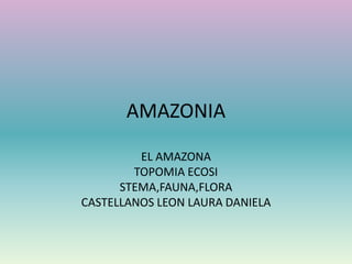 AMAZONIA
EL AMAZONA
TOPOMIA ECOSI
STEMA,FAUNA,FLORA
CASTELLANOS LEON LAURA DANIELA
 