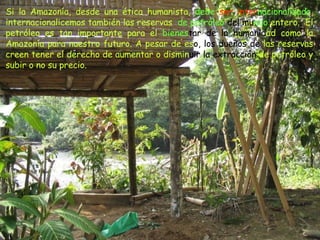 Si la Amazonía, desde una ética humanista,  debe  ser   inter nacionalizada ,  internacionalicemos también las reservas   de petróleo  del   mu ndo  entero.  El petróleo es tan importante para el  bienes tar   de   la humanid ad   como la Amazonía para nuestro futuro. A pesar de es o, los   dueños de   las reservas creen tener el derecho de aumentar o dismin uir   la   extracción   de petróleo y subir o no su precio.  