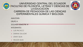 UNIVERSIDAD CENTRAL DEL ECUADOR
FACULTAD DE FILOSOFÍA, LETRAS Y CIENCIAS DE
LA EDUCACIÓN
CARRERA DE PEDAGOGÍA DE LAS CIENCIAS
EXPERIMENTALES QUÍMICA Y BIOLOGÍA
AMAZONÍA
GRUPO 4
SEGUNDO SEMESTRE “A”
INTEGRANTES:
 LUIS PACHECO
 DAYANA SALAZAR
 JENNY SILVA
 WILSON SILVA
 EVELYN SIMBA
 