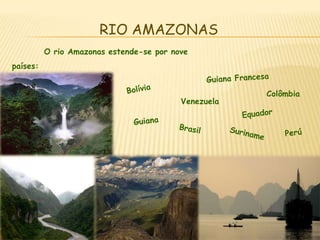 RIO AMAZONAS	O rio Amazonas estende-se por nove países:   Guiana FrancesaBolíviaColômbiaVenezuelaEquadorGuianaBrasilPerúSuriname