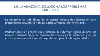 1.6. LA AMAZONÍA: SOLUCIÓN A LOS PROBLEMAS 
PERIFÉRICOS 
 La Amazonía ha sido objeto de un intenso proceso de colonización cuyo 
propósito fue expandir la frontera agrícola y ocupar su “hinterland”. 
 Podemos decir en general que el balance de extensión agraria durante los 
últimos cincuenta años ha causado trastoques en la población y en los 
ecosistemas en condiciones de no poder recuperar los bosques talados. 
 