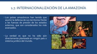 1.7. INTERNACIONALIZACIÓN DE LA AMAZONÍA 
 Los países amazónicos han tenido que 
asumir la defensa de sus territorios frente 
a las fuerzas de presión de los estados 
externos, que son considerados los más 
avanzados. 
 La verdad es que no ha sido aún 
directamente planteada en ningún país o 
sistema jurídico del mundo. 
 