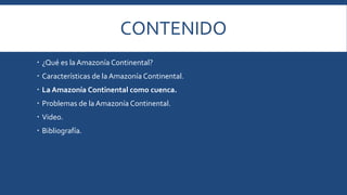 CONTENIDO 
 ¿Qué es la Amazonía Continental? 
 Características de la Amazonía Continental. 
 La Amazonía Continental como cuenca. 
 Problemas de la Amazonía Continental. 
 Video. 
 Bibliografía. 
 
