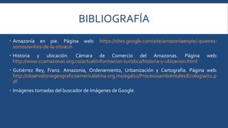 BIBLIOGRAFÍA 
 Amazonía en pie. Página web: https://sites.google.com/site/amazoniaenpie/-quienes-somos/ 
anlisis-de-la-situacin 
 Historia y ubicación. Cámara de Comercio del Amazonas. Página web: 
http://www.ccamazonas.org.co/actual/informacion-turistica/historia-y-ubicacion.html 
 Gutiérrez Rey, Franz. Amazonia, Ordenamiento, Urbanización y Cartografía. Página web: 
http://observatoriogeograficoamericalatina.org.mx/egal11/Procesosambientales/Ecologia/02.p 
df 
 Imágenes tomadas del buscador de Imágenes de Google. 
