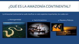 ¿QUÉ ES LA AMAZONÍA CONTINENTAL? 
La Amazonía Continental se suele clasificar en siete aspectos importantes, los cuales son: 
1. Homogeneidad 2. Vacío Amazónico 3. Riqueza y Pobreza 
 