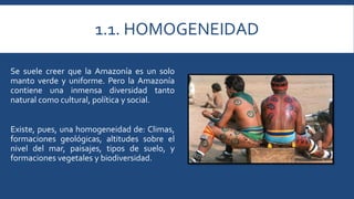 1.1. HOMOGENEIDAD 
Se suele creer que la Amazonía es un solo 
manto verde y uniforme. Pero la Amazonía 
contiene una inmensa diversidad tanto 
natural como cultural, política y social. 
Existe, pues, una homogeneidad de: Climas, 
formaciones geológicas, altitudes sobre el 
nivel del mar, paisajes, tipos de suelo, y 
formaciones vegetales y biodiversidad. 
 