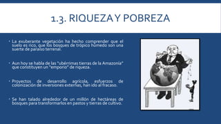 1.3. RIQUEZA Y POBREZA 
 La exuberante vegetación ha hecho comprender que el 
suelo es rico, que los bosques de trópico húmedo son una 
suerte de paraíso terrenal. 
 Aun hoy se habla de las “ubérrimas tierras de la Amazonía” 
que constituyen un “emporio” de riqueza. 
 Proyectos de desarrollo agrícola, esfuerzos de 
colonización de inversiones externas, han ido al fracaso. 
 Se han talado alrededor de un millón de hectáreas de 
bosques para transformarlos en pastos y tierras de cultivo. 
 