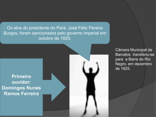 Os atos do presidente do Pará, José Félix Pereira
Burgos, foram sancionados pelo governo imperial em
                 outubro de 1825.

                                                     Câmara Municipal de
                                                     Barcelos transferiu-se
                                                     para a Barra do Rio
                                                     Negro, em dezembro
                                                     de 1825.

   Primeiro
   ouvidor:
Domingos Nunes
 Ramos Ferreira
 