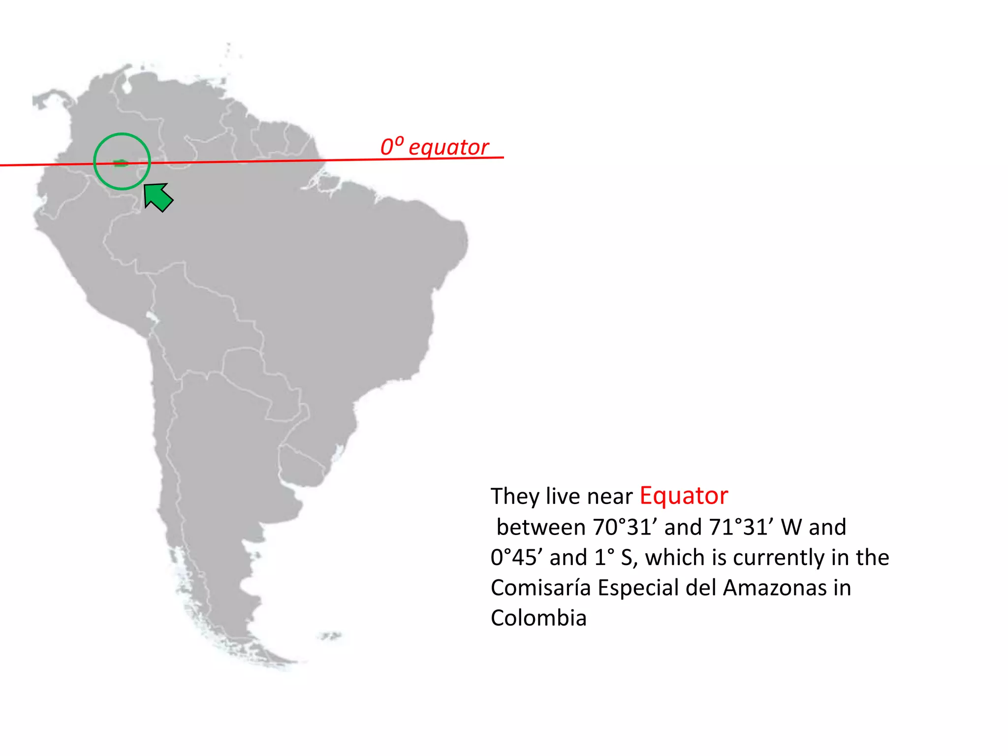 They live near Equator
between 70°31’ and 71°31’ W and
0°45’ and 1° S, which is currently in the
Comisaría Especial del Amazonas in
Colombia
0⁰ equator
 