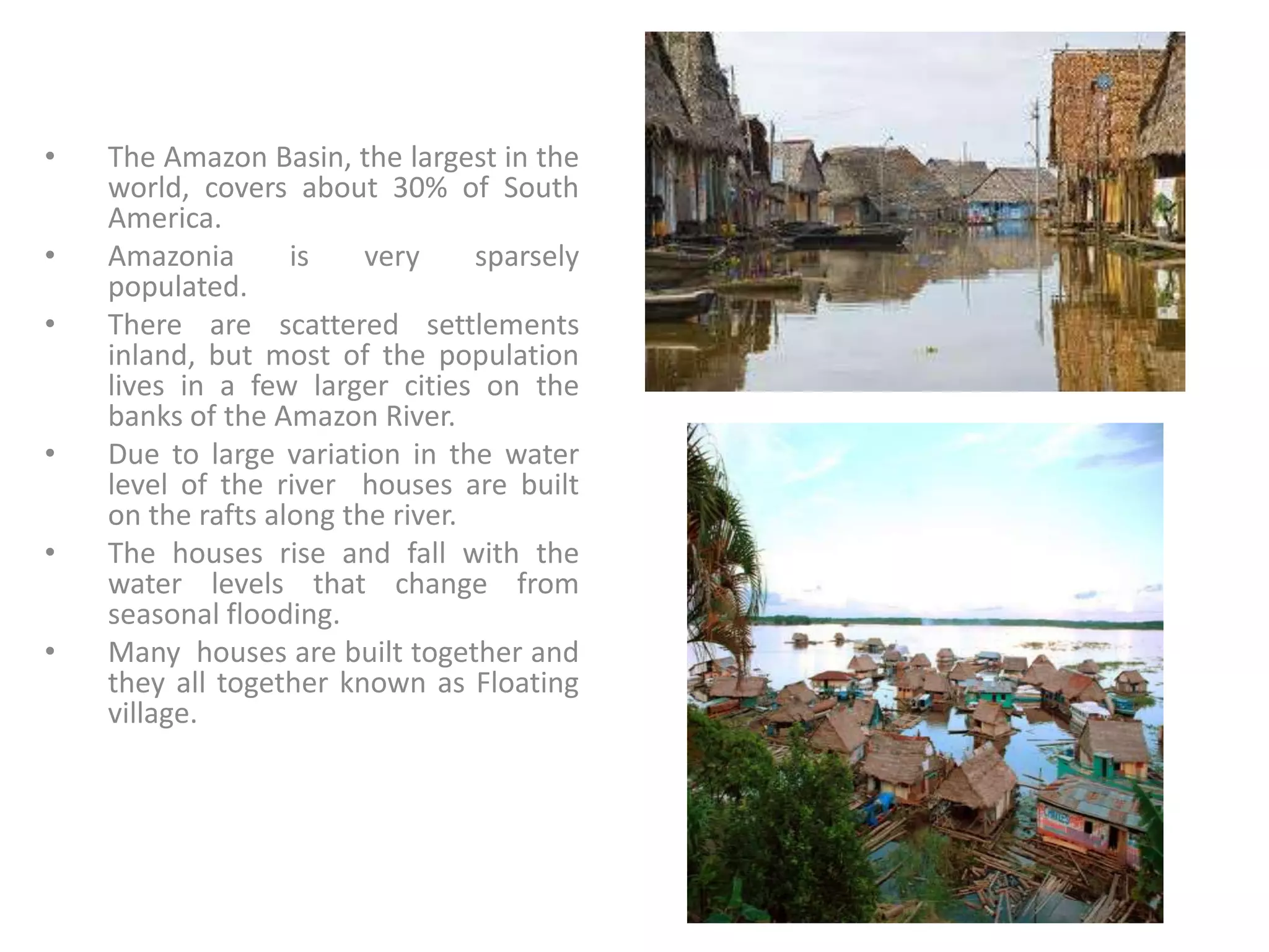 • The Amazon Basin, the largest in the
world, covers about 30% of South
America.
• Amazonia is very sparsely
populated.
• There are scattered settlements
inland, but most of the population
lives in a few larger cities on the
banks of the Amazon River.
• Due to large variation in the water
level of the river houses are built
on the rafts along the river.
• The houses rise and fall with the
water levels that change from
seasonal flooding.
• Many houses are built together and
they all together known as Floating
village.
 