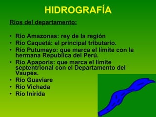 HIDROGRAFÍA Ríos del departamento:   Río Amazonas: rey de la región  Río Caquetá: el principal tributario. Río Putumayo: que marca el límite con la hermana Republica del Perú. Río Apaporis: que marca el límite septentrional con el Departamento del Vaupés. Río Guaviare Río Vichada Río Inírida 