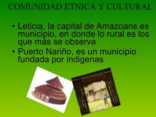Leticia, la capital de Amazoans es municipio, en donde lo rural es los que más se observa  Puerto Nariño, es un municipio fundada por indigenas COMUNIDAD ETNICA Y CULTURAL 