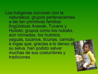 Los indigenas conviven con la naturaleza, grupos pertenecientes a las tan primitivas familias lingüísticas Arawak, Tucano y Huitoto; grupos como los nukaks, aún nómadas, los huitotos, yaguas, tucanos, ticunas, camsás e ingas que, gracias a lo denso de su selva, han podido salvar muchas de sus costumbres y tradiciones. 