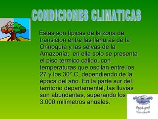 Estas son típicas de la zona de transición entre las llanuras de la Orinoquía y las selvas de la Amazonía;  en ella solo se presenta el piso térmico cálido, con temperaturas que oscilan entre los 27 y los 30° C, dependiendo de la época del año. En la parte sur del territorio departamental, las lluvias son abundantes, superando los 3.000 milímetros anuales.  CONDICIONES CLIMATICAS  