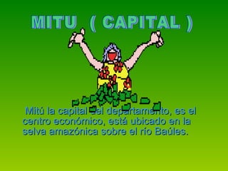 Mitú la capital del departamento, es el centro económico, está ubicado en la selva amazónica sobre el río Baúles.  MITU  ( CAPITAL ) 