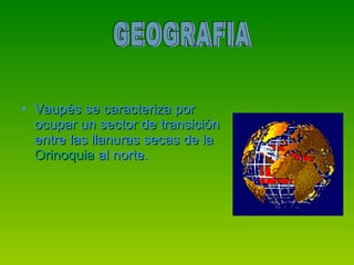 Vaupés se caracteriza por ocupar un sector de transición entre las llanuras secas de la  Orinoquia  al norte.  GEOGRAFIA  