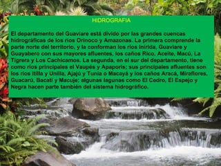 HIDROGRAFIA El departamento del Guaviare está divido por las grandes cuencas  hidrográficas de los ríos Orinoco y Amazonas. La primera comprende la parte norte del territorio, y la conforman los ríos Inírida, Guaviare y Guayabero con sus mayores afluentes, los caños Rico, Aceite, Macú, La Tigrera y Los Cachicamos. La segunda, en el sur del departamento, tiene como ríos principales el Vaupés y Apaporis; sus principales afluentes son los ríos Itilla y Unilla, Ajajú y Tunia o Macayá y los caños Aracá, Miraflores, Guacarú, Bacatí y Macuje; algunas lagunas como El Cedro, El Espejo y Negra hacen parte también del sistema hidrográfico. 