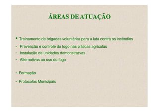 ÁREAS DE ATUAÇÃO


• Treinamento de brigadas voluntárias para a luta contra os incêndios
• Prevenção e controle do fogo nas práticas agrícolas
• Instalação de unidades demonstrativas
• Alternativas ao uso do fogo


• Formação

• Protocolos Municipais
 