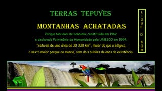 TERRAS TEPUYES
MONTANHAS ACHATADAS
Parque Nacional de Canaima, constituído em 1962
e declarado Patrimônio da Humanidade pela UNESCO em 1994.
Trata-se de uma área de 30 000 km², maior do que a Bélgica,
o sexto maior parque do mundo, com dois bilhões de anos de existência.
L
I
G
U
E
O
S
O
M
 