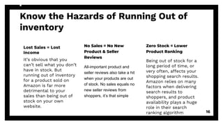 Know the Hazards of Running Out of
inventory
Lost Sales = Lost
Income
It’s obvious that you
can’t sell what you don’t
have in stock. But
running out of inventory
for a product sold on
Amazon is far more
detrimental to your
sales than being out of
stock on your own
website.
No Sales = No New
Product & Seller
Reviews
All-important product and
seller reviews also take a hit
when your products are out
of stock. No sales equals no
new seller reviews from
shoppers, it’s that simple
Zero Stock = Lower
Product Ranking
Being out of stock for a
long period of time, or
very often, affects your
shopping search results.
Amazon relies on many
factors when delivering
search results to
shoppers, and product
availability plays a huge
role in their search
ranking algorithm 16
 
