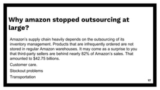 Why amazon stopped outsourcing at
large?
Amazon’s supply chain heavily depends on the outsourcing of its
inventory management. Products that are infrequently ordered are not
stored in regular Amazon warehouses. It may come as a surprise to you
that third-party sellers are behind nearly 82% of Amazon’s sales. That
amounted to $42.75 billions.
Customer care.
Stockout problems
Transportation
17
 