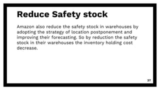 Reduce Safety stock
Amazon also reduce the safety stock in warehouses by
adopting the strategy of location postponement and
improving their forecasting. So by reduction the safety
stock in their warehouses the inventory holding cost
decrease.
27
 
