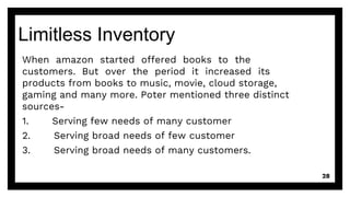 Limitless Inventory
When amazon started offered books to the
customers. But over the period it increased its
products from books to music, movie, cloud storage,
gaming and many more. Poter mentioned three distinct
sources-
1. Serving few needs of many customer
2. Serving broad needs of few customer
3. Serving broad needs of many customers.
28
 