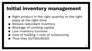 Initial inventory management
▪ Right product in the right quantity to the right
place at the right time.
▪ Reduce redundant inventory
▪ Blockage of working capital.
▪ Low inventory turnover.
▪ Cost of holding > cost of outsourcing
▪ Thus they OUTSOURCED
7
 