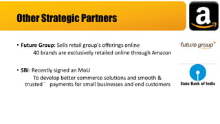 • Future Group: Sells retail group's offerings online
40 brands are exclusively retailed online through Amazon
• SBI: Recently signed an MoU
To develop better commerce solutions and smooth &
trusted ` payments for small businesses and end customers
Other Strategic Partners
 