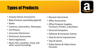 • Amazon Device Accessories
• Baby Products (excluding apparel)
• Books
• Cameras, Camcorders, Telescopes
• Cell Phones
• Consumer Electronics
• Electronics Accessories
• Home Appliances
• Music CDs, Cassettes, Vinyl, and
other sound recordings
• Musical Instruments
• Office Accessories
• Office Products Supplies,
Furniture, Printers, Calculators
• Personal Computers
• Software & Computer Games
• Tools & Home Improvement
• Toys & Games
• Video Games & Video Game
Consoles
Types of Products
 
