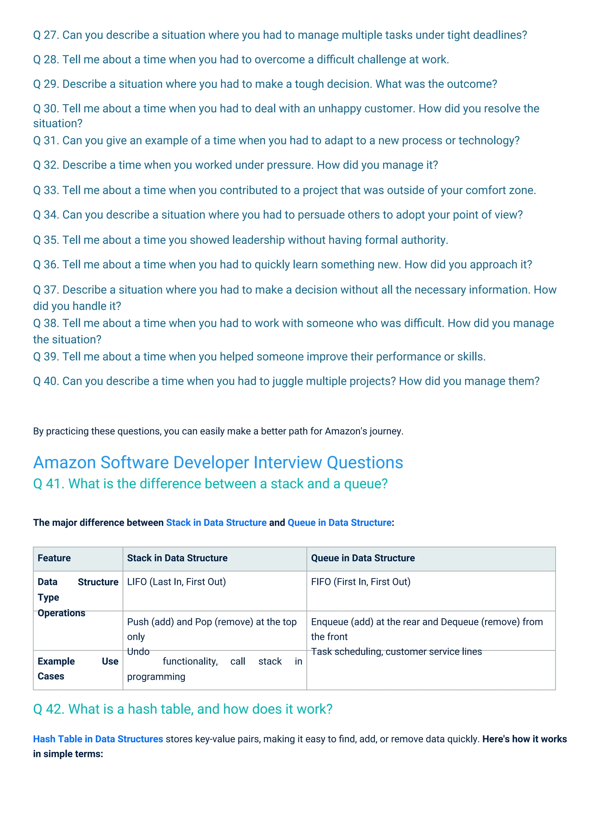 Q 27. Can you describe a situation where you had to manage multiple tasks under tight deadlines?
Q 28. Tell me about a time when you had to overcome a diﬃcult challenge at work.
Q 29. Describe a situation where you had to make a tough decision. What was the outcome?
Q 30. Tell me about a time when you had to deal with an unhappy customer. How did you resolve the
situation?
Q 31. Can you give an example of a time when you had to adapt to a new process or technology?
Q 32. Describe a time when you worked under pressure. How did you manage it?
Q 33. Tell me about a time when you contributed to a project that was outside of your comfort zone.
Q 34. Can you describe a situation where you had to persuade others to adopt your point of view?
Q 35. Tell me about a time you showed leadership without having formal authority.
Q 36. Tell me about a time when you had to quickly learn something new. How did you approach it?
Q 37. Describe a situation where you had to make a decision without all the necessary information. How
did you handle it?
Q 38. Tell me about a time when you had to work with someone who was diﬃcult. How did you manage
the situation?
Q 39. Tell me about a time when you helped someone improve their performance or skills.
Q 40. Can you describe a time when you had to juggle multiple projects? How did you manage them?
The major difference between Stack in Data Structure and Queue in Data Structure:
By practicing these questions, you can easily make a better path for Amazon's journey.
Feature
Data
Type
Operations
Stack in Data Structure
LIFO (Last In, First Out)
Queue in Data Structure
FIFO (First In, First Out)
Structure
Push (add) and Pop (remove) at the top
only
Undo
Enqueue (add) at the rear and Dequeue (remove) from
the front
Task scheduling, customer service lines
Example
Cases
Use functionality, call stack in
programming
Hash Table in Data Structures stores key-value pairs, making it easy to ﬁnd, add, or remove data quickly. Here's how it works
in simple terms:
Amazon Software Developer Interview Questions
Q 41. What is the difference between a stack and a queue?
Q 42. What is a hash table, and how does it work?
 