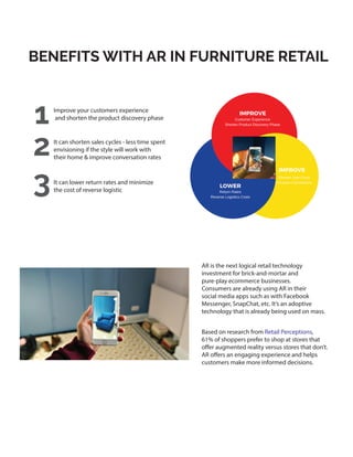 BENEFITS WITH AR IN FURNITURE RETAIL
It can lower return rates and minimize
the cost of reverse logistic3
2
Improve your c...