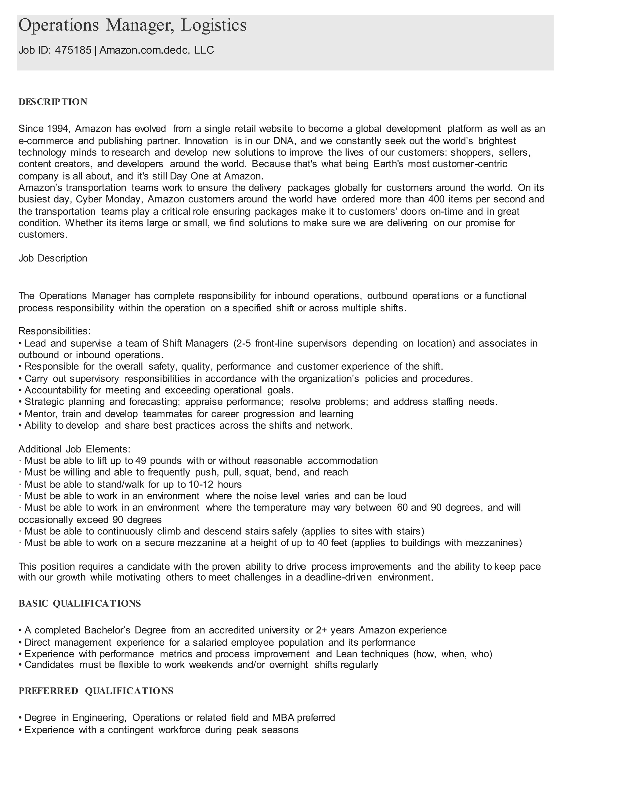 Amazon Job Descriptions - Jacksonville, FL | DOCX