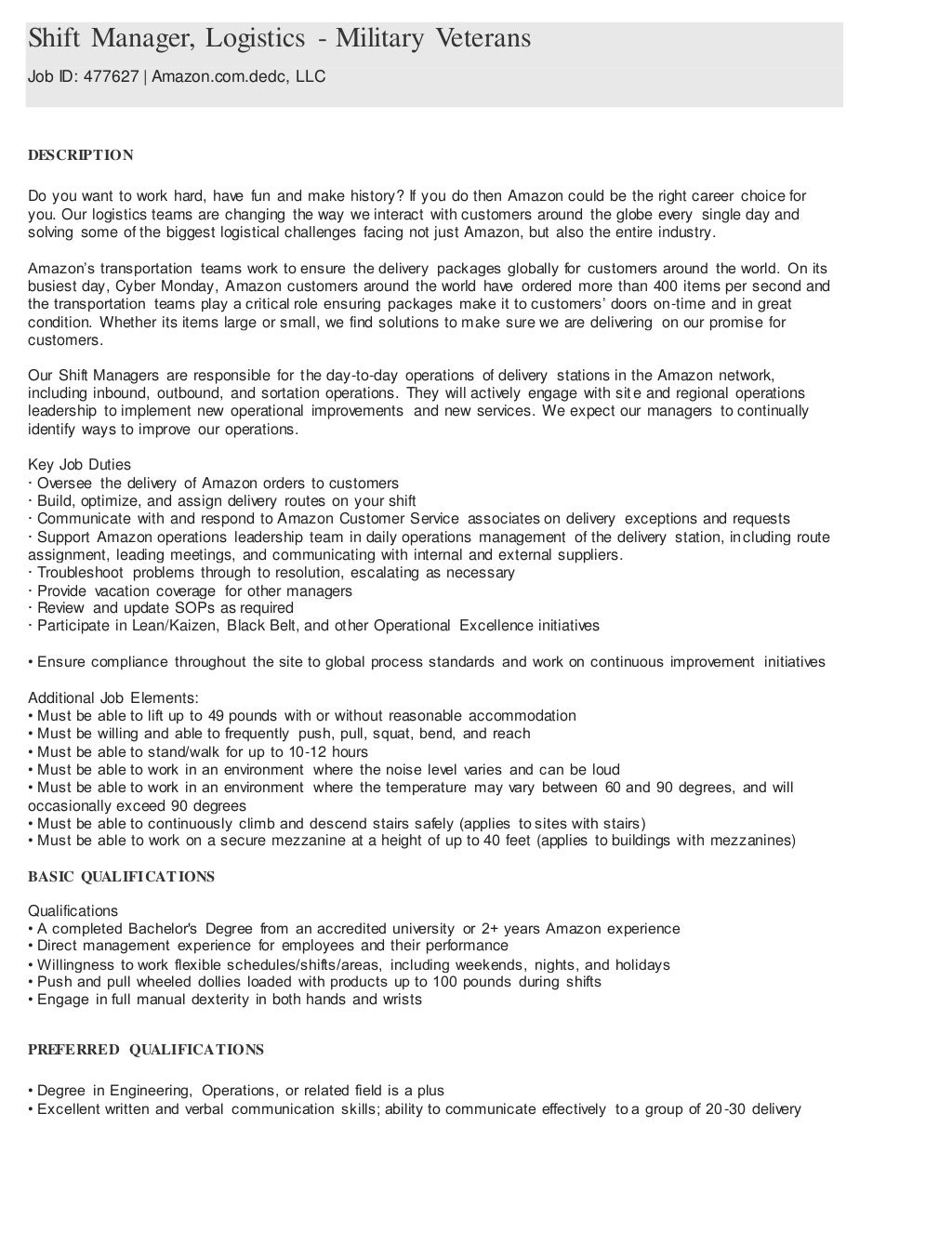 Amazon Job Descriptions Jacksonville, FL