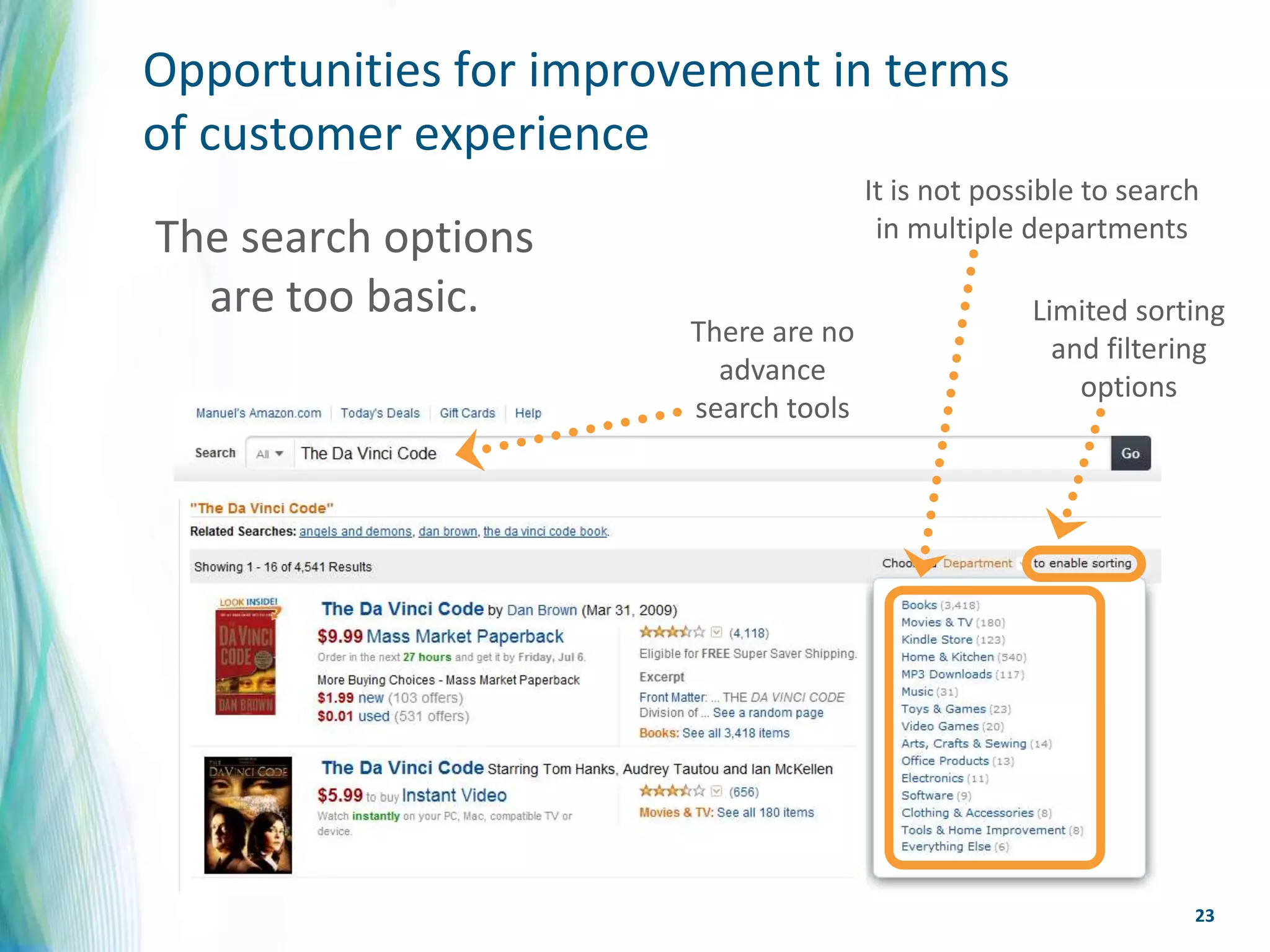 Opportunities for improvement in terms
of customer experience
                                       It is not possible to search
The search options                      in multiple departments

  are too basic.                                     Limited sorting
                        There are no
                                                       and filtering
                          advance
                                                         options
                        search tools




                                                                  23
 