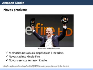 Amazon Kindle

Novos produtos




                                             Fundador e CEO Jeff Bezus

    Melhorias nos atuais dispositivos e-Readers
    Novos tablets Kindle Fire
    Novos serviços Amazon Kindle
http://g1.globo.com/tecnologia/noticia/2012/09/amazon-apresenta-novo-kindle-fire.html
 