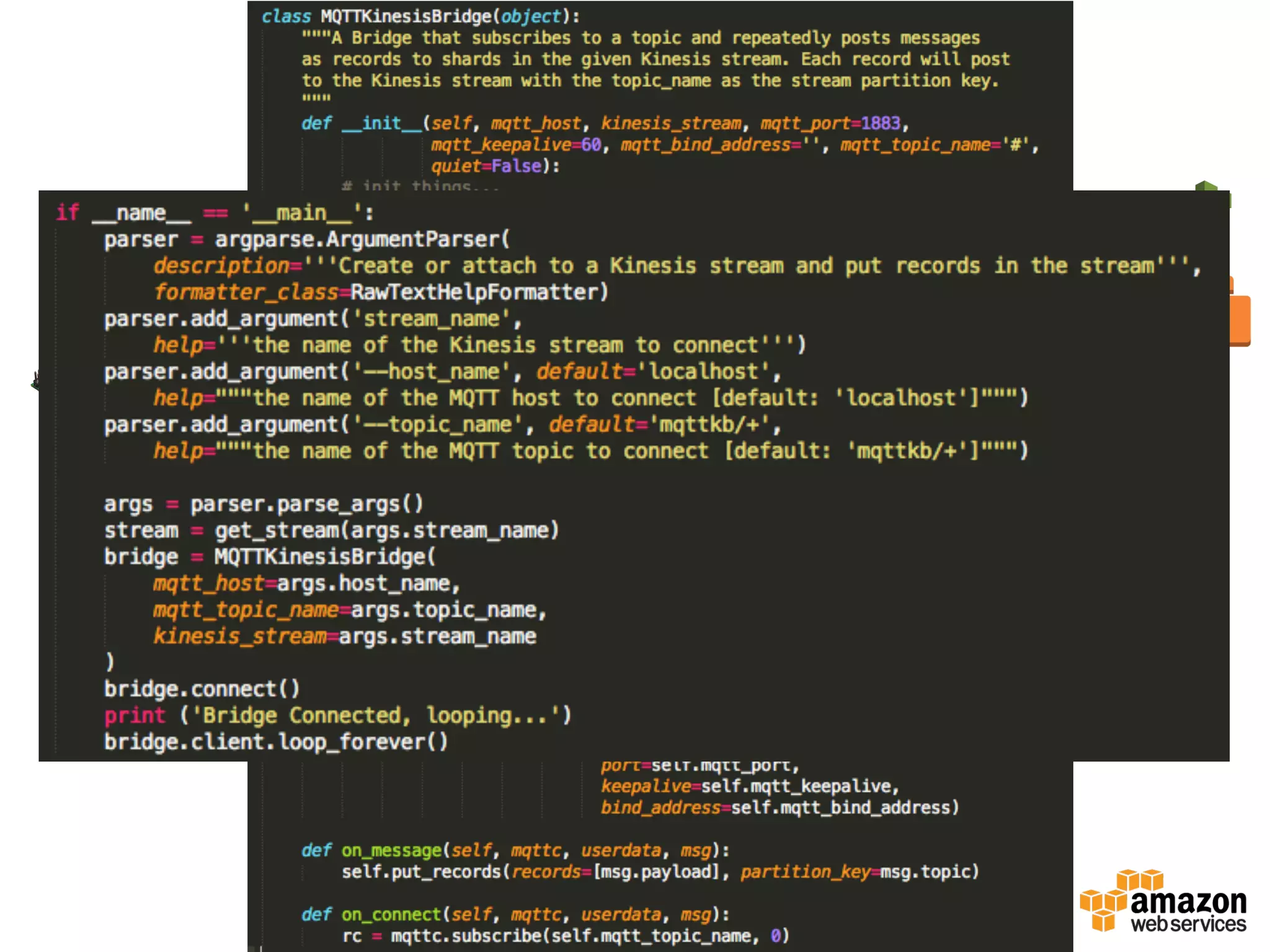 Raspberry  pi  +MQTT  
リアルタイムダッシュボード
Kinesis	
  App	
  
[Real=me	
  
ETL]	
  
Frontend	
  
[MQTT	
  Proxy]	
  
Frontend	
  
[MQTT	
  Proxy]	
  
MQTT-‐‑‒Kinesisアダプタ部分をみてみましょう
 