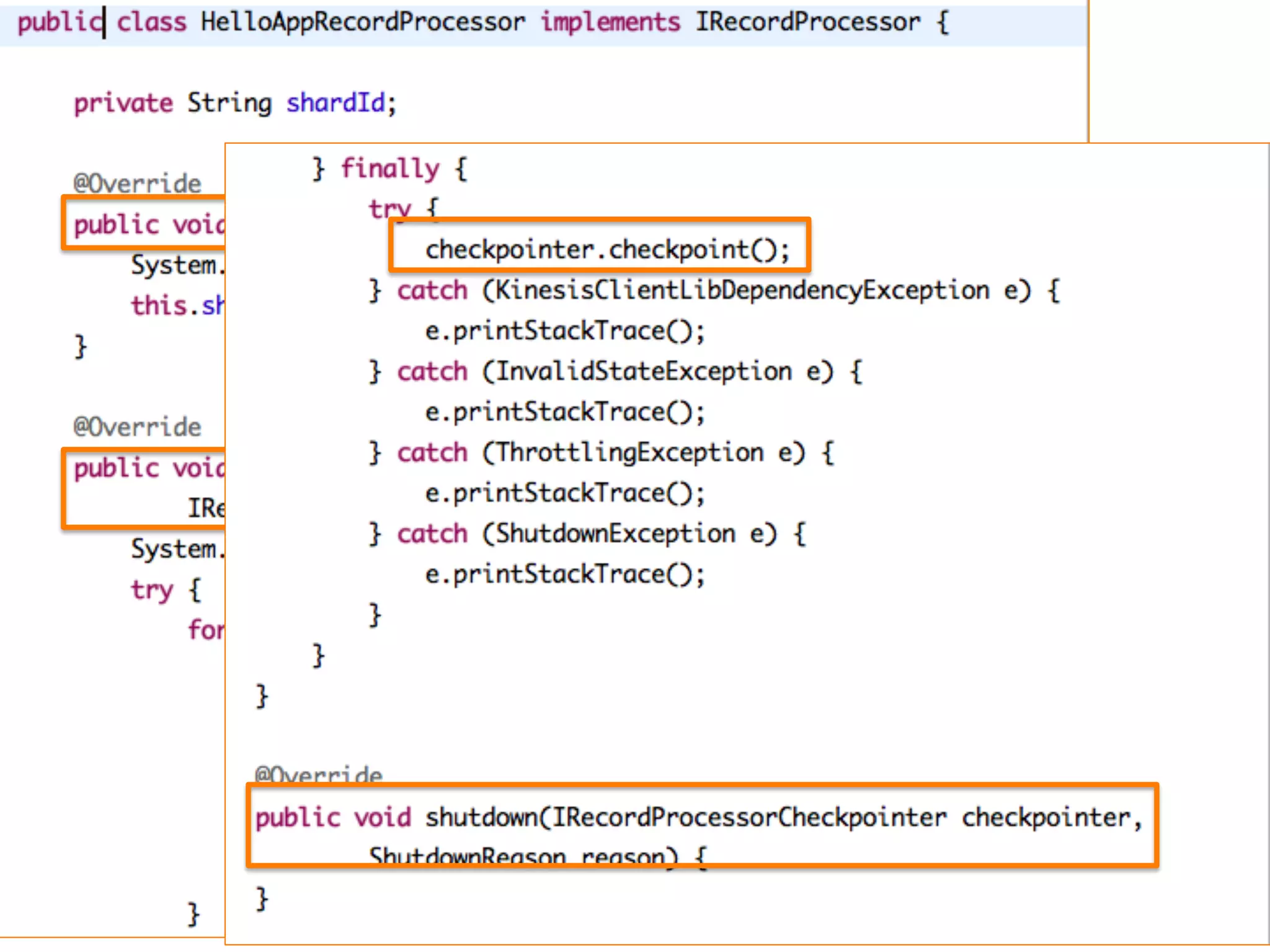 Kinesis  Client  Library(KCL)
!   Kinesisアプリを作りやすくするJavaフレームワーク
•  DynamoDB,  CloudWatch,  AutoScalingを利利⽤用
•  ワーカーが死んだ時にオートスケール+担当シャードアサイン
!   作るもの
•  ブートストラップ
•  IRecordProcessorFactoryを継承したファクトリー
•  IRecordProcessorを継承したプロセッサー
31
ブートスト
ラップ
ファクトリ
ー
プロセッサ
ー
ワーカー
⽣生成 ⽣生成
⽣生成
実⾏行行
利利⽤用
 