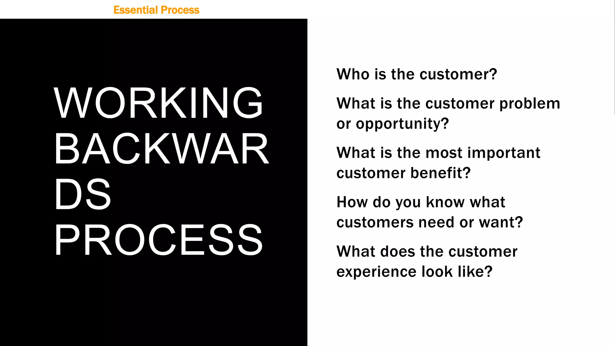 WORKING
BACKWAR
DS
PROCESS
Who is the customer?
What is the customer problem
or opportunity?
What is the most important
customer benefit?
How do you know what
customers need or want?
What does the customer
experience look like?
Essential Process
 