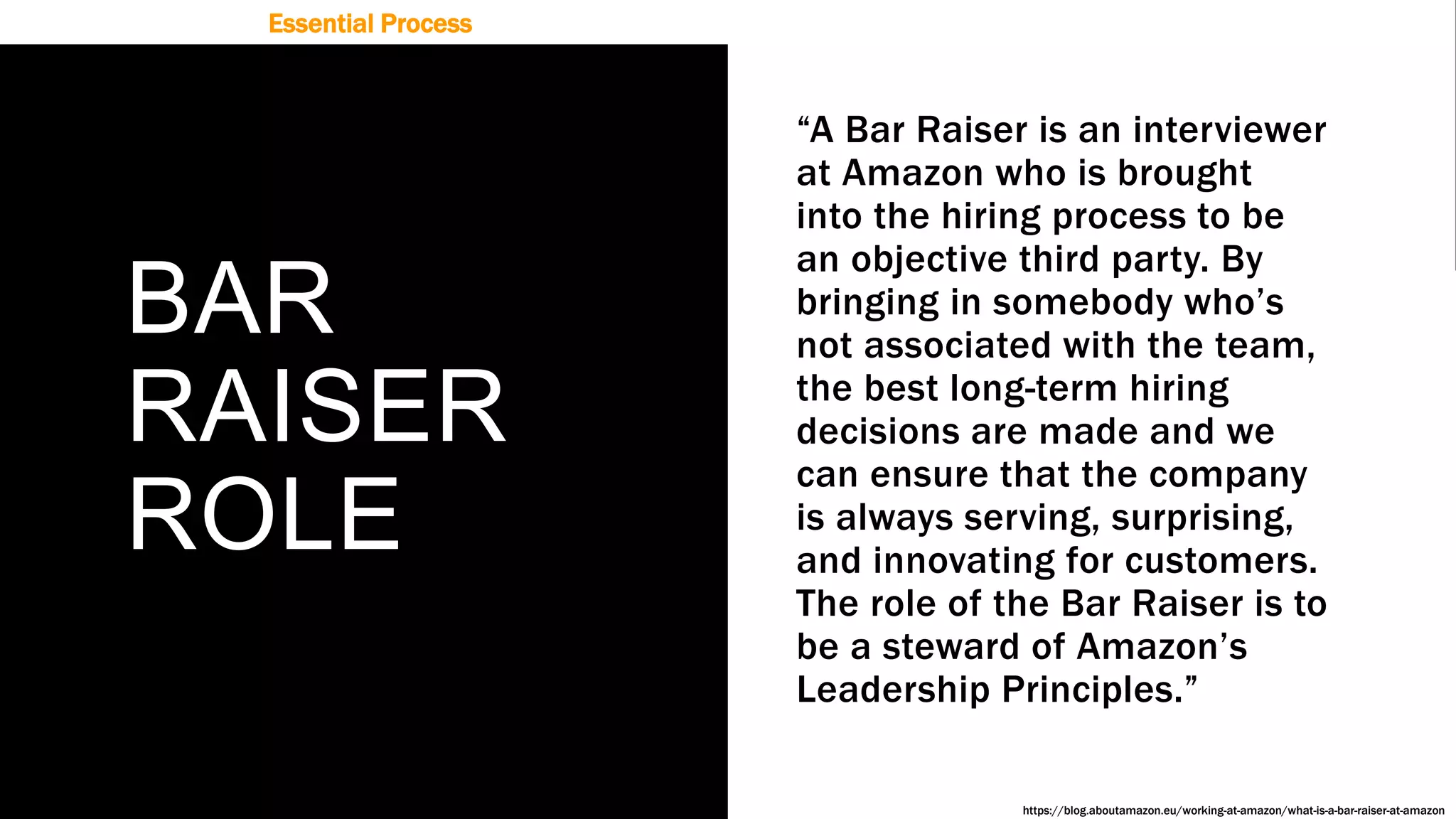 BAR
RAISER
ROLE
“A Bar Raiser is an interviewer
at Amazon who is brought
into the hiring process to be
an objective third party. By
bringing in somebody who’s
not associated with the team,
the best long-term hiring
decisions are made and we
can ensure that the company
is always serving, surprising,
and innovating for customers.
The role of the Bar Raiser is to
be a steward of Amazon’s
Leadership Principles.”
Essential Process
https://blog.aboutamazon.eu/working-at-amazon/what-is-a-bar-raiser-at-amazon
 