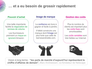 … et a eu besoin de grossir rapidement

  Pouvoir d’achat             Image de marque              Gestion des coûts


  Une taille importante       La confiance est dure à          Plus le nombre de
facilite la négociation de   gagner et facile à perdre.   clients est important plus
  remises de volume.                                          les coûts fixes sont
                              Il fallait construire une          amortissables.
    Les fournisseurs         marque dont l’image est
 prennent un risque en        plus forte que celle de     Les coûts variables sont
   ignorant Amazon.           barnesandnoble.com.         très faibles sur Internet.




   Vision à long terme : “les parts de marché d’aujourd’hui représentent le
  chiffre d’affaires de demain”, Marc Andreessen, co-fondateur de Netscape
 