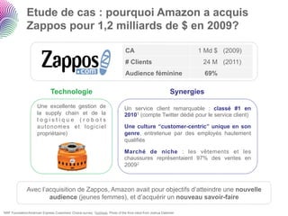 Etude de cas : pourquoi Amazon a acquis
                Zappos pour 1,2 milliards de $ en 2009?

                                                                                CA                                  1 Md $ (2009)
                                                                                # Clients                            24 M (2011)
                                                                                Audience féminine                        69%

                                Technologie                                                                  Synergies
                       Une excellente gestion de                                Un service client remarquable : classé #1 en
                       la supply chain et de la                                 20101 (compte Twitter dédié pour le service client)
                       logistique (robots
                       autonomes et logiciel                                    Une culture “customer-centric” unique en son
                       propriétaire)                                            genre, entretenue par des employés hautement
                                                                                qualifiés

                                                                                Marché de niche : les vêtements et les
                                                                                chaussures représentaient 97% des ventes en
                                                                                20092



                Avec l’acquisition de Zappos, Amazon avait pour objectifs d’atteindre une nouvelle
                        audience (jeunes femmes), et d’acquérir un nouveau savoir-faire

1NRF   Foundation/American Express Customers' Choice survey 2AdWeek Photo of the Kiva robot from Joshua Dalsimer
 