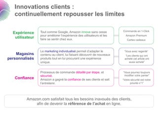 Innovations clients :
   continuellement repousser les limites

                 Tout comme Google, Amazon innove sans cesse            Commande en 1-Click
  Expérience
                 pour améliorer l’expérience des utilisateurs et les      Amazon Premium
   utilisateur   faire se sentir chez eux.                                 Cartes cadeaux



                 Le marketing individualisé permet d’adapter le          “Vous avez regardé”
    Magasins     contenu au client, lui faisant découvrir de nouveaux     “Les clients qui ont
personnalisés    produits tout en lui procurant une expérience           acheté cet article ont
                 unique.                                                     aussi acheté”


                 Processus de commande détaillé par étape, et           “Vous pourrez toujours
                 sécurisé.                                               modifier votre panier”
   Confiance     Amazon a gagné la confiance de ses clients et sait     “Votre sécurité est notre
                 l’entretenir.                                                priorité n°1”




         Amazon.com satisfait tous les besoins inavoués des clients,
             afin de devenir la référence de l’achat en ligne.
 