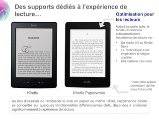Des supports dédiés à l’expérience de
 lecture…                         Optimisation pour
                                                                  les lecteurs
                                                                  Malgré sa petite taille, le
                                                                  Kindle révolutionne
                                                                  substantiellement
                                                                  l’expérience de lecture via :
                                                                  •    Un accès 3G au Kindle
                                                                       Store
                                                                  •    La Technologie e-ink
                                                                       empêchant la fatigue
                                                                       oculaire
                                                                  •    Une batterie d’un mois




                                                                             Ecran rétro-éclairé
                                                                             permettant de lire
                                                                             dans l’obscurité
         Kindle                       Kindle Paperwhite

Au lieu d’essayer de remplacer le livre en papier ou même l’iPad, l’expérience Kindle
se concentre sur quelques fonctionnalités différenciantes clefs, destinées à améliorer
significativement l’expérience de lecture
 