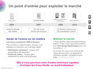 Un point d’entrée pour exploiter le marché


                                                               Barnes & Noble Nook
              Sony Librié                   Amazon Kindle         Cybook Opus        Kobo eReader


               2004                            2007                  2009               2010

         Ventes d’ebooks                    6% des livres         115 ebooks vendus pour
           très faibles                  vendus par Amazon1       100 exemplaires papier2



          Garder de l’avance sur les retailers                Maîtriser le marché
          Les livres constituent l’ADN d’Amazon.              « Nous vendons des livres électroniques
                                                              depuis 10 ans, mais nous avions besoin
          Pour montrer sa détermination, Amazon a dû
                                                              d’un microscope électronique pour voir
          exploiter au maximum son avantage digital :
                                                              les ventes. […]
          •  Distribution numérique : chaque livre
                                                              Il y a trois ans nous nous sommes dit,
             accessible en 60 secondes
                                                              ‘Nous devons créer une expérience
          •  Chaîne de valeur : Amazon gère                   utilisateur parfaite, complète et sans
             maintenant la vente et la distribution
                                                              faille.’ » Jeff Bezos (2008)


                            “[Et] si nous pouvions avoir d’autres terminaux capables
                                d’acheter des livres Kindle, ce serait fantastique”
1PaidContent 2Amazon.com
 