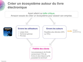 Créer un écosystème autour du livre
                électronique
                                 Ayant atteint sa taille critique,
                 Amazon essaie de créer un écosystème pour asseoir son emprise.




                        Envers les utilisateurs                Envers les auteurs
                        •  Large choix                       Royalties plus élevées (35%
                        •  Terminal optimisé                 ou 75%)
                        •  Prix bas




                                               Fidélité des clients
                                          Les possesseurs de Kindle
                                          consomment 70% de
                                          livres en plus depuis qu’ils
                                          possèdent le terminal1.
1 Paidcontent
 